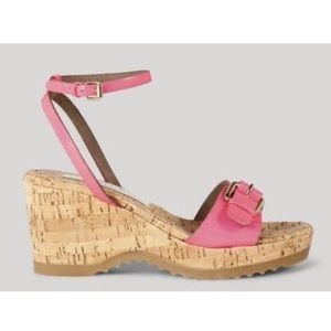 STELLA MCCARTNEY neon pink leather Linda ankle strap cork wedge sandals 40